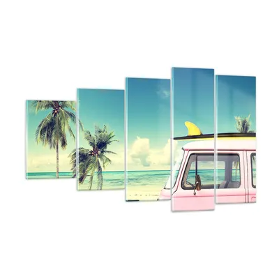 Produktbild von Bilder auf glas - Auto Surfbrett Strand Ozean - 100x60cm - Glasbilder - Wandbilder - Kunstdruck - zum Aufhängen bereit - Wanddekoration aus Glas - Glas Bilder - Wandbild auf Glas - GEG100x60-2835