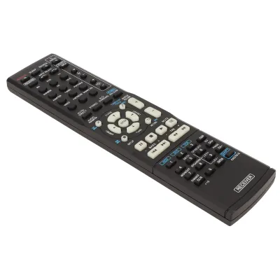 A black remote control for an AV receiver is shown against a white background.
