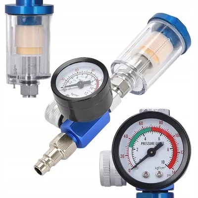 Obrázek produktu pro Rosfix Reduktor Tlaku 1/4” 7 bar – Odlučovač Vody pro Stříkací Pistole HVLP | Hliník, Filtr, 0 – 140 PSI, Regulace Vlhkosti