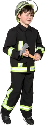 A young boy dressed in a firefighter costume, holding a toy axe.