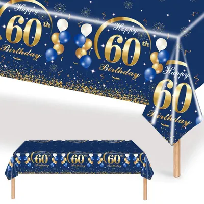 Image de Nappe d'anniversaire, 60 ans, 137 x 274 cm, rectangulaire, imperméable, bleu et or
