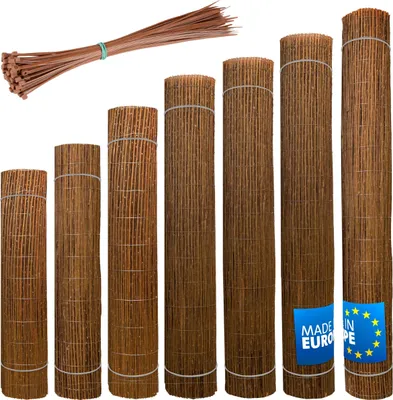 Several rolled-up willow screens of varying sizes are displayed vertically, with a bundle of zip ties in the upper left corner.