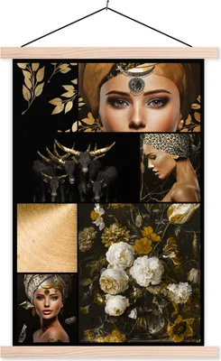 Produktbild von MuchoWow® Textilposter Schwarz - Gold - Frauen - Glitter 40x60 cm mit holzfarbenen Rahmen - Poster