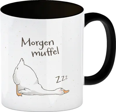 Produktbild von Gilbert die Gans Kaffeebecher in schwarz mit Spruch Morgenmuffel