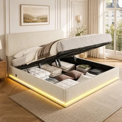 Image de Lit rembourré 180 x 200 cm avec éclairage LED, lit avec rangement, beige, lit double en velours côtelé, fonction de recharge USB-C, tête de lit réglable en hauteur, sommier à lattes