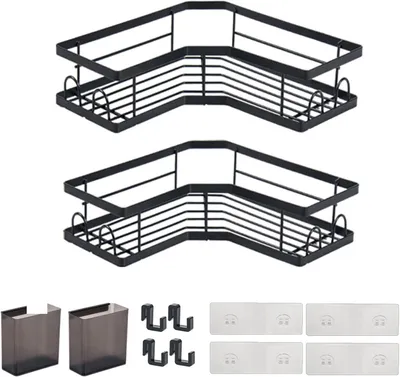Produktbild von Schwarze Badezimmerregale, Aufbewahrung und Organisation im Badezimmer, Duschablage ohne Bohren, Badezimmeraccessoires, 2er-Pack mit Haken