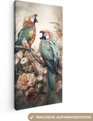 Obrázok produktu pre MuchoWow® - Plátno - Papagáje - Vtáky - Príroda - Kvety, nástenná maľba, nástenné dekorácie obrazy obývacia izba, 40x80cm