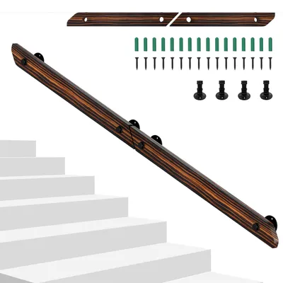 Produktbild von Eikuavons Wandhandlauf aus Kiefernholz 180 cm, verbindbare Ausführung zu einem Handlauf, braun mit Holzmaserung, mit Eisenhalter