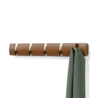 Produktbild von Umbra Wandgarderobe Flip mit 5 Haken, Garderobenleiste, Pappelholz, Kunststoff, Walnuss Hell, Warmes Gold, 51 cm, 318850-1227