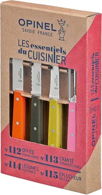 A cardboard box containing a set of four Opinel kitchen knives with colored handles.