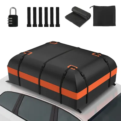 Produktbild von Puluomis 585L Dachbox Auto Dachkoffer Dachtasche , 500D wasserdichte Dachgepäckträger Gepäckbox für Alle Fahrzeuge Orange Schwarz