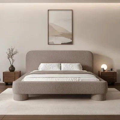 Productafbeelding van Gestoffeerd bed Frederico 140x200 cm, taupe kleur, chenille stof – tweepersoonsbed met bedlade, lattenbodem en rond hoofdeinde