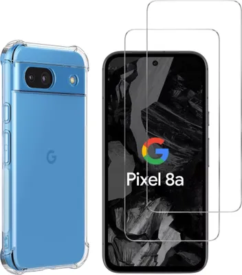 A blue phone case and two screen protectors are displayed next to a Google Pixel 8a phone.
