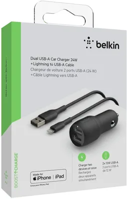 Immagine prodotto di Belkin Caricabatterie da auto doppio USB-A incl. cavo Lightning 1m 24W b