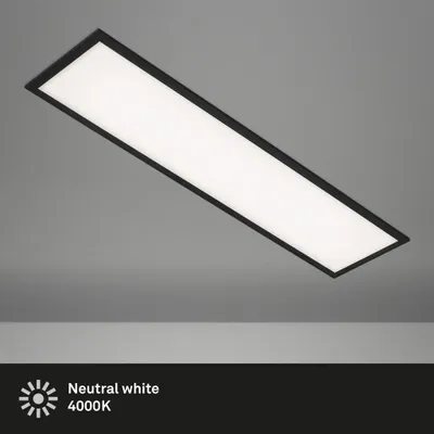 A rectangular LED panel light is shown mounted on a ceiling.