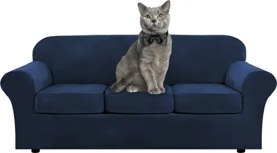 Produktbild von 4 Stück Stretch Samt Sofabezug Möbel Protector Form Fit Dicker Samt Sofabezug für 3 Kissen Couch(3 Sitzer,Dunkelblau)