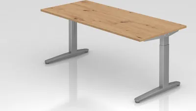 Produktbild von Schreibtisch Mika | Asteiche | Silber Gestell | BxT 180x80cm | Arbeitshöhe 65-85cm | höhenjustierbar, 1cm Raster | C-Fuß-Gestell | Rechteckform
