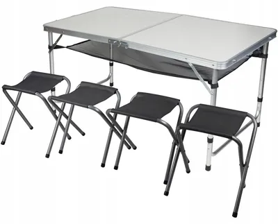 Immagine prodotto di Set da campeggio con tavolo pieghevole 120x60 cm e 4 sedie – Tavolino portatile pieghevole, in alluminio, set per picnic e campeggio