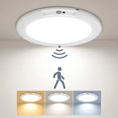 Zdjęcie produktu dla 2x czujnik ruchu, lampa akumulatorowa 4200 mAh, czujnik ruchu sufitowy, lampa sufitowa wewnętrzna, 3 tryby, lampa piwniczna, korytarz, garaż, schody, balkon, szafa, lampa akumulatorowa LED