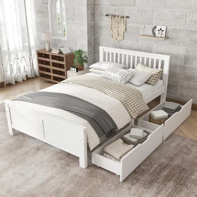 Obrázok produktu pre Postel s úložným priestorom 140x200 cm, biela, vyrobená z borovice a MDF, s 2 zásuvkami a čelom, drevená posteľ do spálne