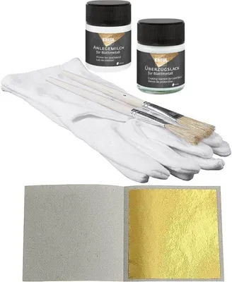 Produktbild von Starterset 500 Blatt Blattgold Imitation Set Blattmetall Schlagmetall zum Vergolden & Basteln + 1 x Kreul Anlegemilch Kleber 50 ml + 1 x Überzugslack 50 ml + 1 Paar Vergolderhandschuhe + 2 Pinsel
