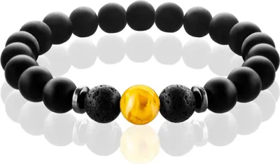 Produktbild von FABACH Chakra Perlenarmband mit 8mm Amber-Perle, Lavastein und Onyx-Naturstein (schwarz) - Yoga Armband aus Heilsteinen - Energiearmband für Damen und Herren