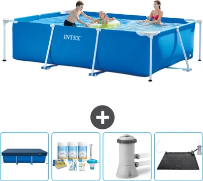 Produktbild von Intex-Schwimmbecken mit rechteckigem Rahmen – 300 x 200 x 75 cm – Blau – im Lieferumfang enthalten Abdeckung - Wartungspaket - Filterpumpe für Schwimmbad - Solarmatte