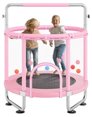 Produktbild von VEVOR 5FT Trampolin für Kinder, 60" Indoor Outdoor Trampolin mit Sicherheitsnetz, Basketballkorb und Ozeanbällen, Mini-Kleinkind Freizeittrampolin Geburtstagsgeschenke für Kinder ab 3 Jahren, 1470 mm, Rosa-a