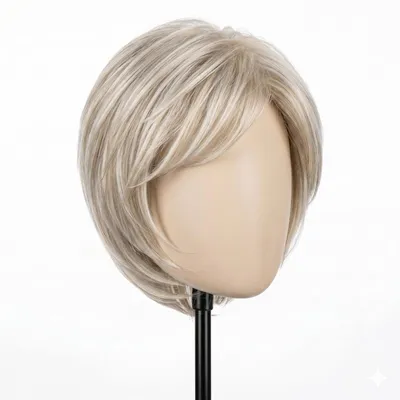Kurze, geschichtete blonde Perücke mit hellen und dunklen Strähnen auf einem Schaufensterkopf