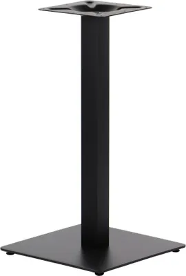 A black table base with a square bottom and a square top plate for attaching a table top.