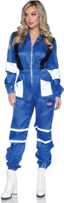 A woman is wearing a blue NASA-inspired spacesuit costume.