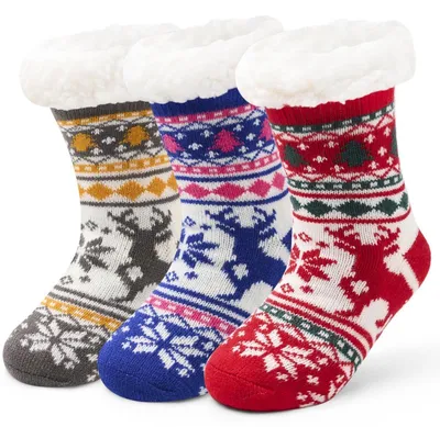 Produktbild von Kindersocken 3 Paar Dicke Wintersocken Jungen Mädchen Antirutsch Haussocken Kuschelsocken Schneeflocke Elch 23-31