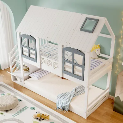 Image de OKWISH Lit Superposé 90x200 cm - Lit Enfant Cabane Avec Toit Et Fenêtres, Grille Antichute Et Escalier Avec Rangement, Sapin+MDF, Sans Matelas, Blanc+Gris