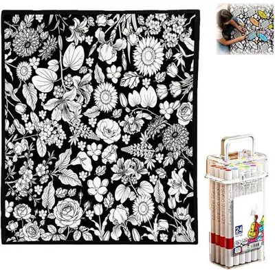 Obrázek produktu pro Unyqoos® Namajunas – Malovací deka 125×150 cm – Plyšová deka k malování, včetně 24 akrylových fixů, omyvatelná, pro děti i dospělé, s motivem květin