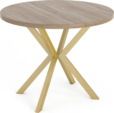 Obrázek produktu pro Kulatý rozkládací jídelní stůl se zlatými nohami ve tvaru X - ⌀ 100-180 cm - loftový industriální design - pro 4-6 osob - hnědý