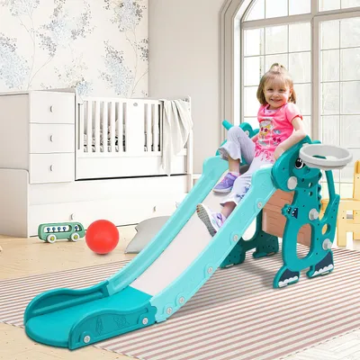Produktbild von Faziango Kinderrutsche 4-in-1 Klappbar Gartenrutsche Spielplatz mit Basketballkorb und Wurfring Englisch-Lerngerät Grün
