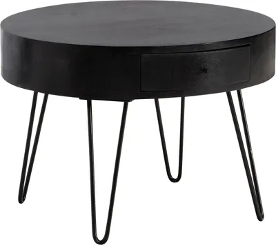 Runder Couchtisch Mango Massivholz Metall Rund 60x60x43cm mit Schublade in Schwarz, Gesamtansicht von vorne.