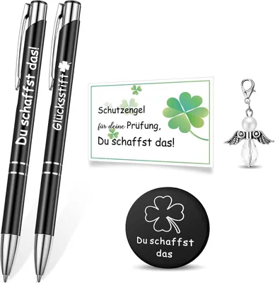 Productafbeelding van Set bemoedigingsgeschenken motivatie pen hanger - Beschermengel Munt Geluksbrenger Klaverblad Du Schaffst