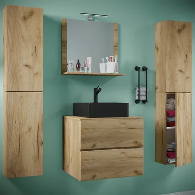 Produktbild von VCM 5-tlg. Waschplatz Waschtisch | schwarzes Waschbecken Unterschrank Breite 60 cm | Badmöbel Set mit Schubladen Drehtüren Spiegel | Lendas S BL