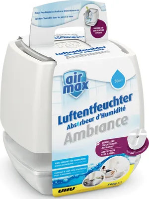 A product shot of an air dehumidifier with its packaging.