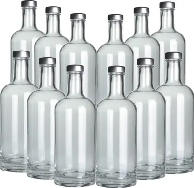 Produktbild von BELLEROFONTE Transparent Glasflasche Modell VAND für Wasser 750 ml mit silbernem Verschluss, 12 Stücke