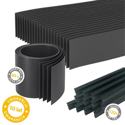 A collage of black plastic garden edging products. One is rolled up, another is standing upright in a stack, and a third shows a close-up of a bundle of clips.