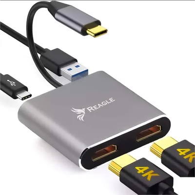 Produktbild von Reagle USB C Adapter Hub z 2 HDMI 4K PD 100W USB 3.2 Gen 1 Aluminium