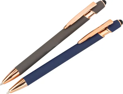 Produktbild von 2x Touchpen-Kugelschreiber "Roségold" aus Metall / je 1x blau und grau