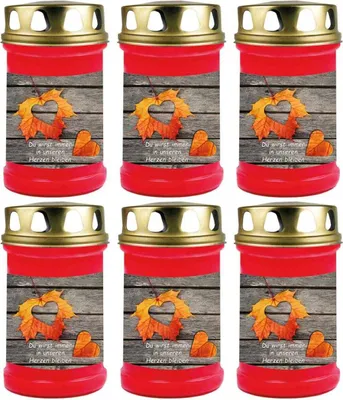 Produktbild von Grabkerze Rot 6er Pack, Brenndauer: 48 Stunden ( je Kerze ), Motiv: Laub Herz