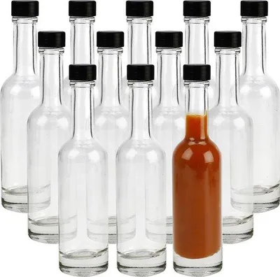 Zdjęcie produktu dla Unyqoos® Puste szklane butelki, 150 ml (12 sztuk) – butelki o wysokości 20 cm, otwór 16 mm, szczelne czarne zakrętki – idealne do sosów, olejów i likierów