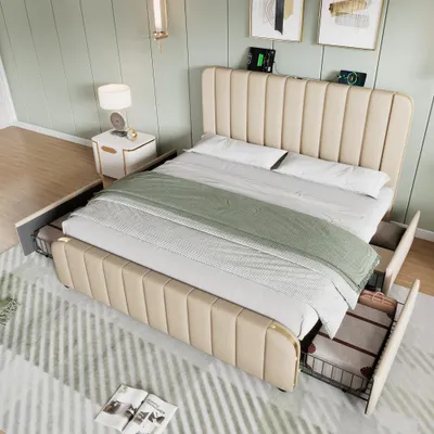 Image de Lit de luxe avec revêtement en tissu, double tête de lit, fonction de charge USB-C, tissu lin beige, 4 tiroirs, capacité maximale de 181 kg, sans matelas, dimensions 140 x 200 cm.