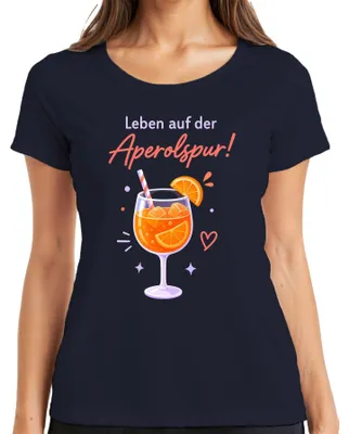 Productafbeelding van Leven in het teken van Aperol! Zomercocktail, Spritz, meidenavond, feest, dames T-shirt, marineblauw, maat S
