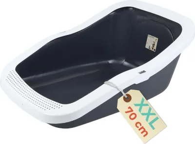 A dark gray cat litter box with a white rim and a hanging tag.