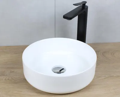 Produktbild von Keramik Waschbecken rund Ø 355 x 120 weiß ohne Überlauf Aufsatzwaschbecken mit Pop-Up Ablauf chrom
